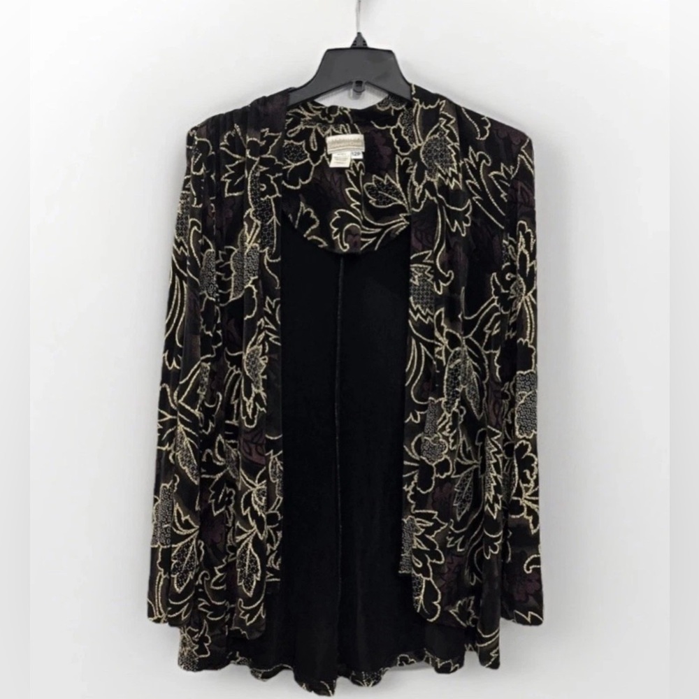 Vtg Coldwater Creek 12P Velvet Burnout‎ Black Gold Jacket Kimono Floral Boho USA